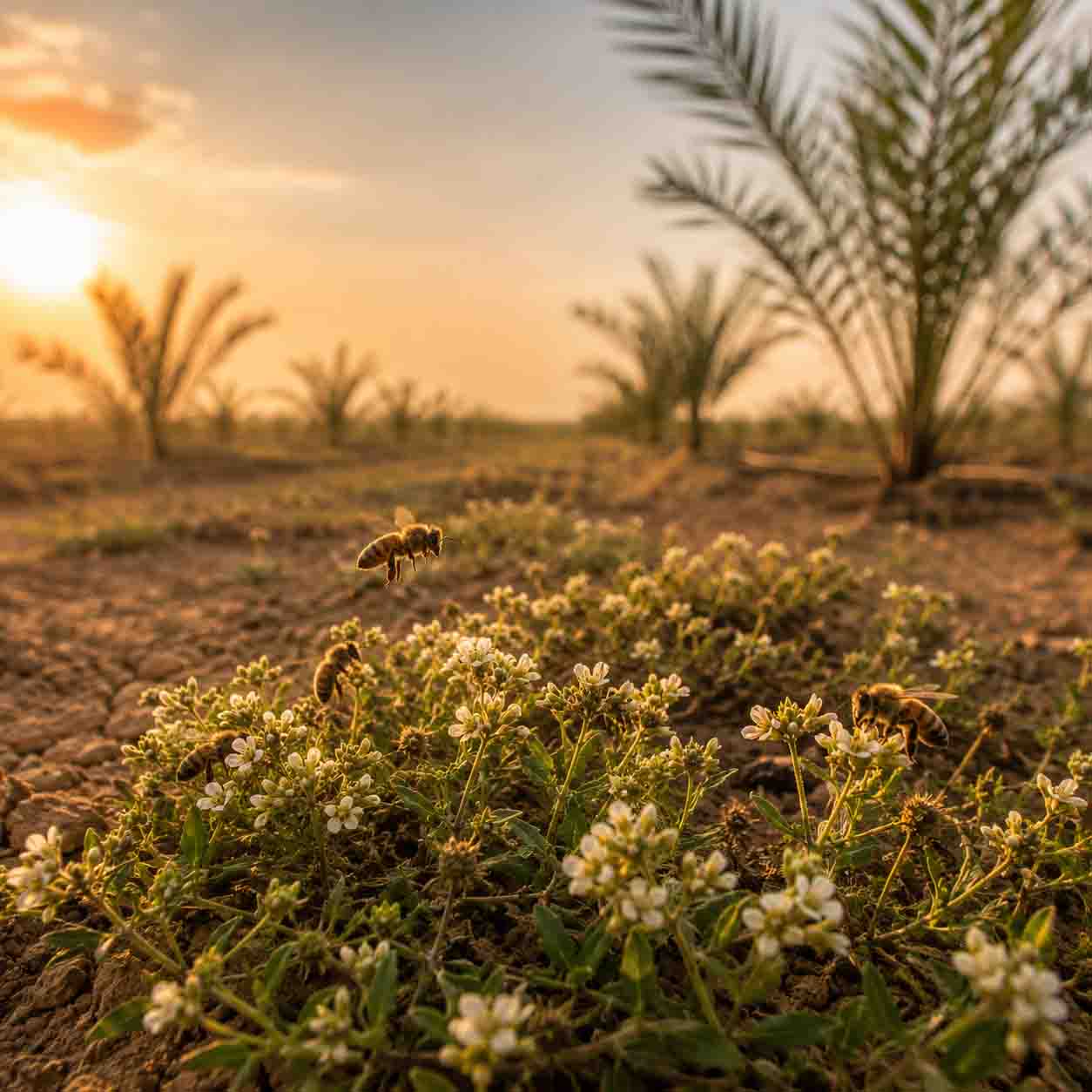 نحل على أزهار الغطاء الأخضر بين نخيل الجميلة فارمز